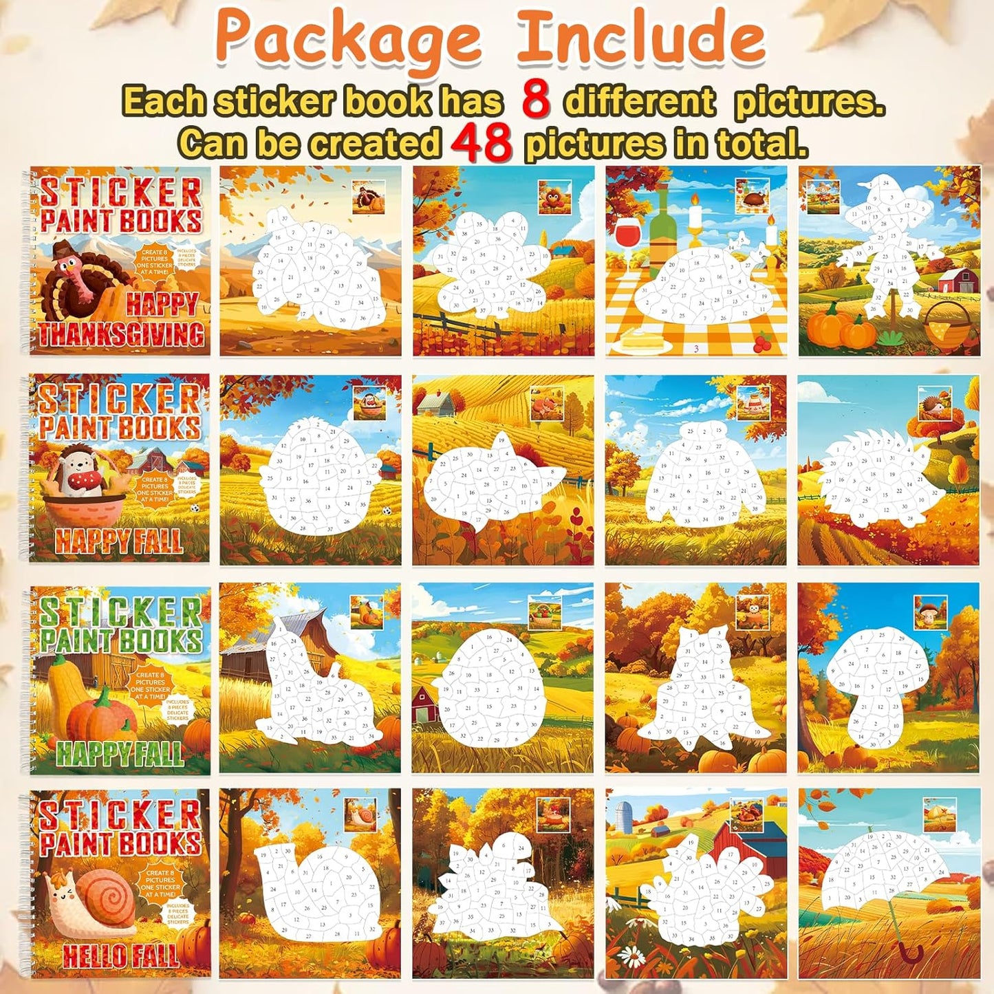 4PCS Thanksgiving Paint by Sticker Books Crafts for Kids Ages 4-8 Fall Sticker by Number Books
