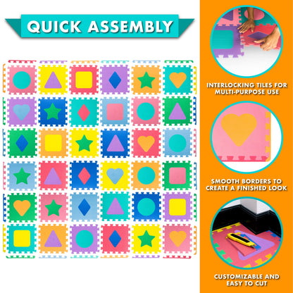 ProSource Kids Foam Puzzle Floor Play Mat with Shapes & Colors 36 Tiles, 12"x12" and 24 Borders