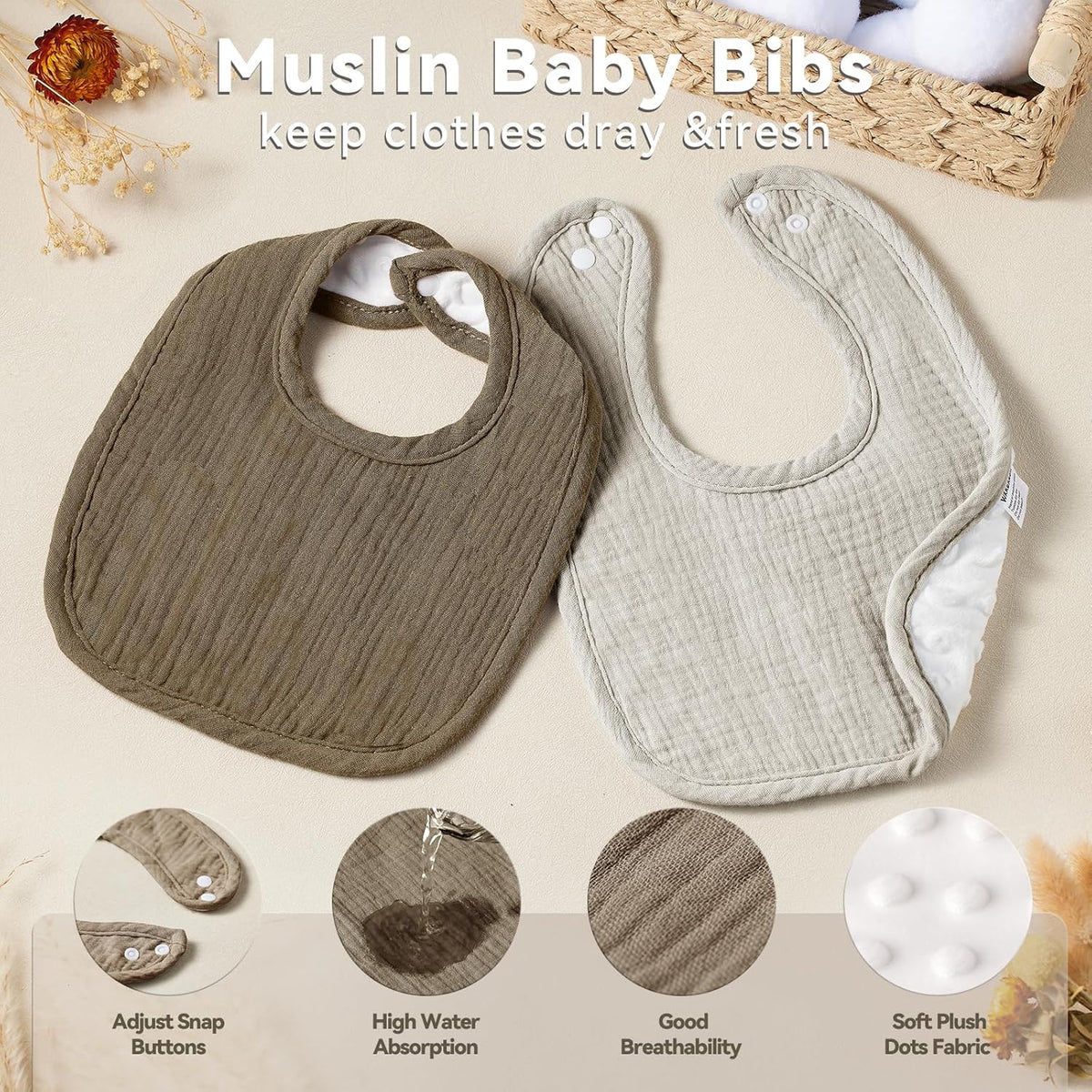 Muslin Baby Bibs for Unisex Boys Girls, Cotton Drool Bibs, Adjustable Newborn Bibs for Drooling and