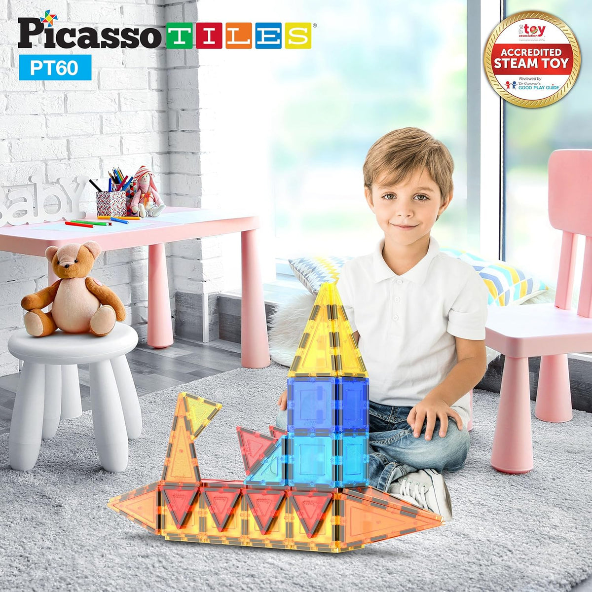 PicassoTiles 60 Piece Set 60pcs Magnet Building Tiles Clear Magnetic 3D Blocks Construction