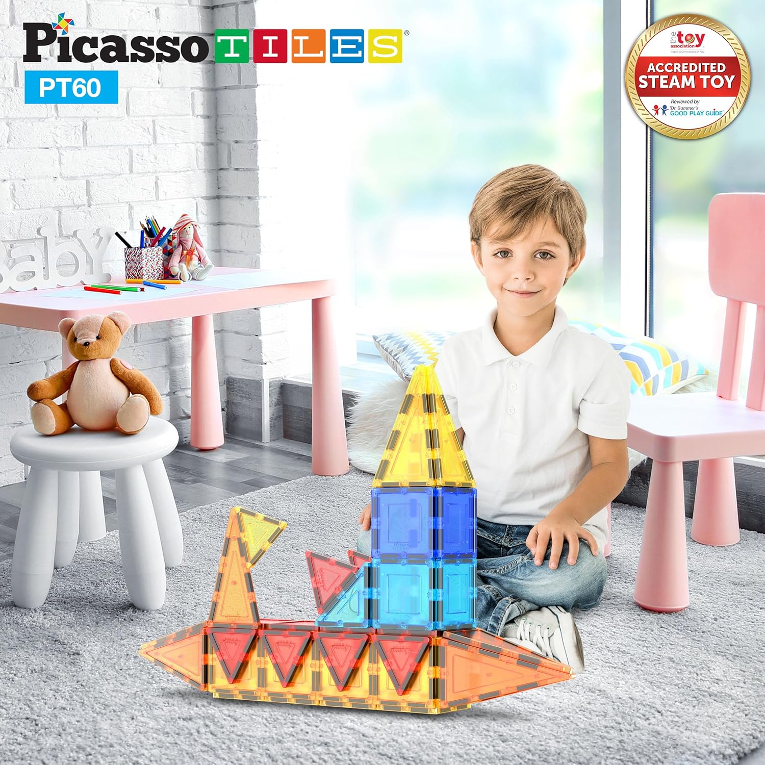 PicassoTiles 60 Piece Set 60pcs Magnet Building Tiles Clear Magnetic 3D Blocks Construction