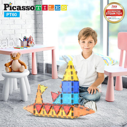 PicassoTiles 60 Piece Set 60pcs Magnet Building Tiles Clear Magnetic 3D Blocks Construction
