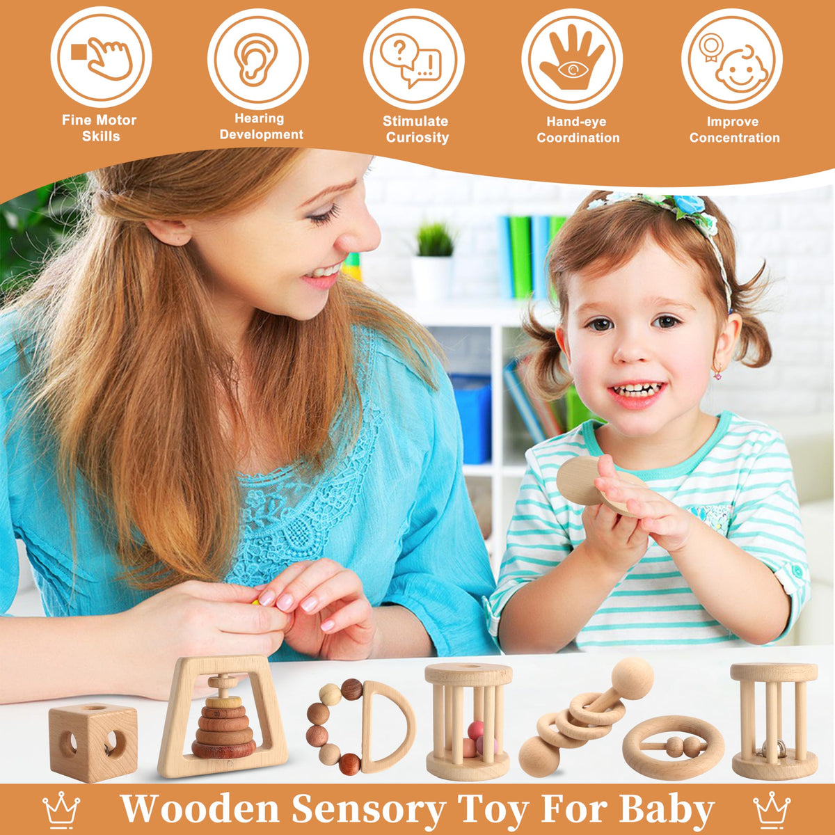 Wooden Baby Toy 8pcs, Montessori Toys for Babies 1-3 Years Old, Wooden Rattles Toy Set for Infant