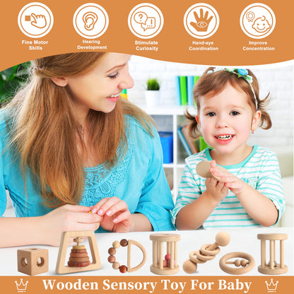 Wooden Baby Toy 8pcs, Montessori Toys for Babies 1-3 Years Old, Wooden Rattles Toy Set for Infant