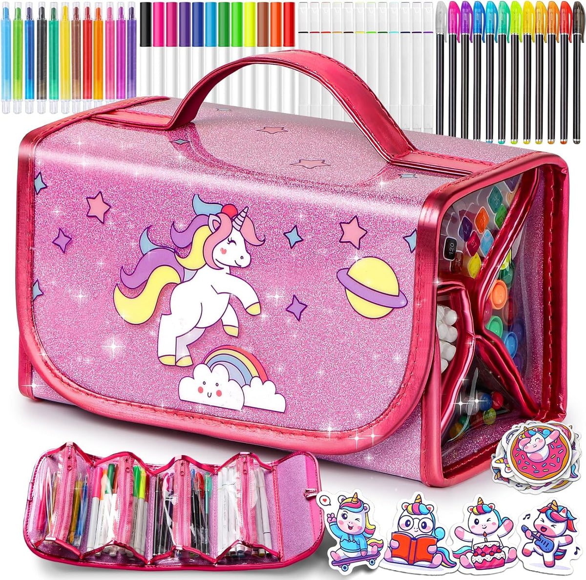 beefunni Unicorn Washable Markers Set 48 pcs with Glitte Pencil Case, Art Supplies for Kids Ages