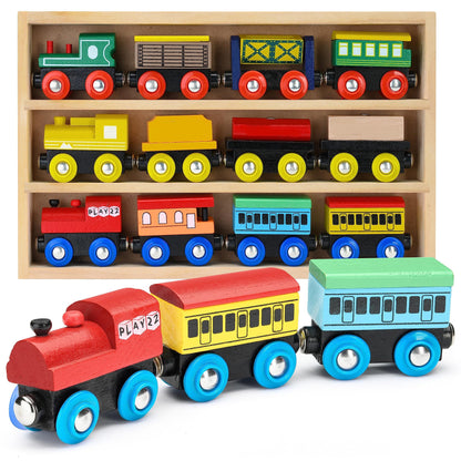Wooden Train Set 12 PCS - Train Toys Magnetic Set Includes 3 Engines - Toy Train Sets For Kids