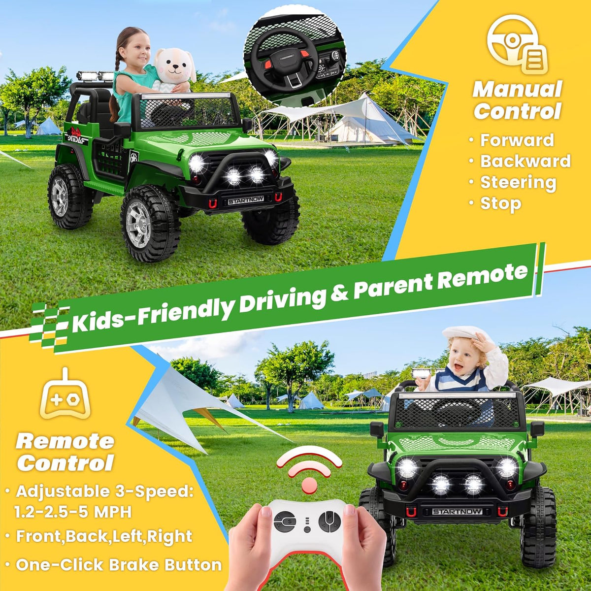 24V 4WD Ride on Truck Car w/800W Motors, Gift Flower, Remote Control, 2 Seaters, Light Bar, 3