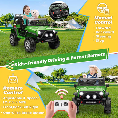 24V 4WD Ride on Truck Car w/800W Motors, Gift Flower, Remote Control, 2 Seaters, Light Bar, 3