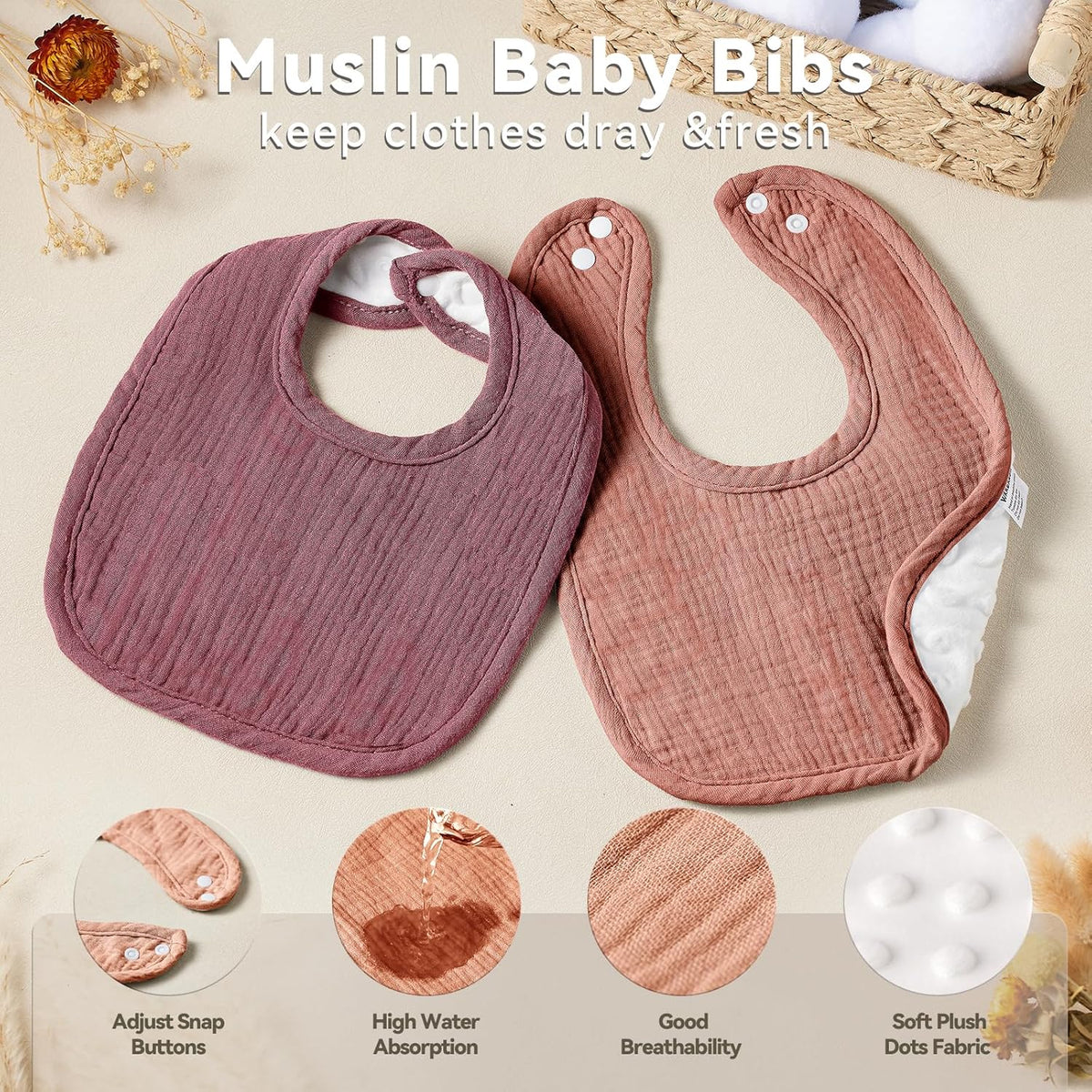 Muslin Baby Bibs for Unisex Boys Girls, Cotton Drool Bibs, Adjustable Newborn Bibs for Drooling and