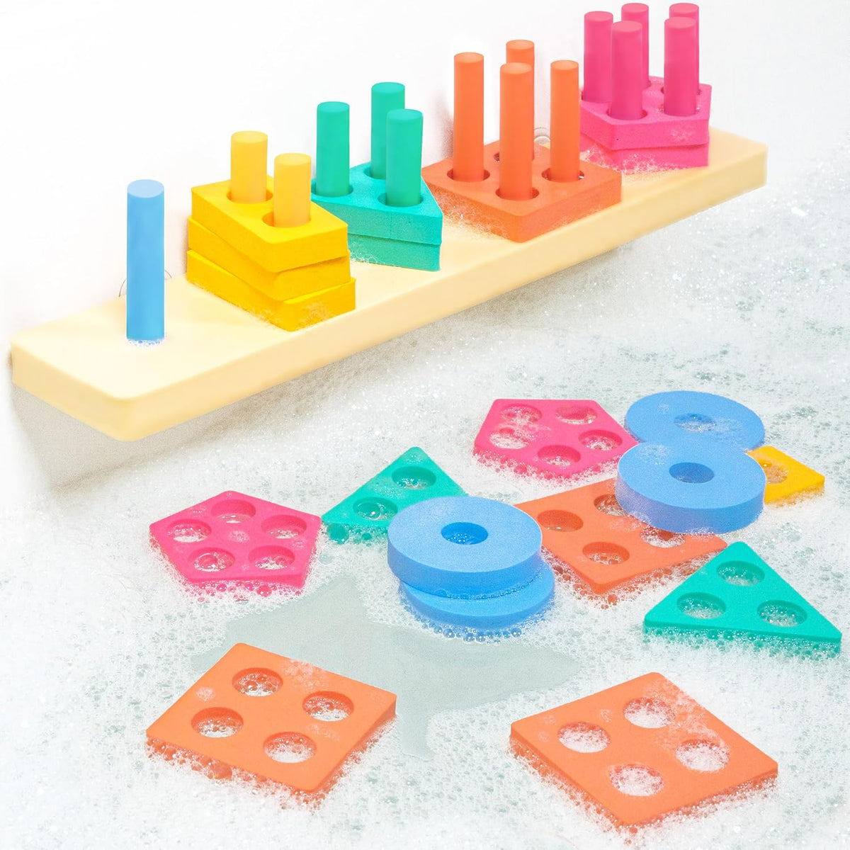 Tub Works® Splash, Stack & Sort™ Shape Sorter & Stacking Toddler Bath Toy | 20 Foam Pieces | Color