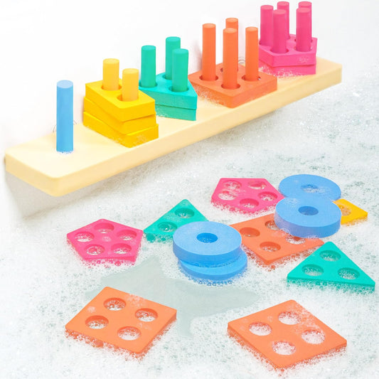 Tub Works® Splash, Stack & Sort™ Shape Sorter & Stacking Toddler Bath Toy | 20 Foam Pieces | Color