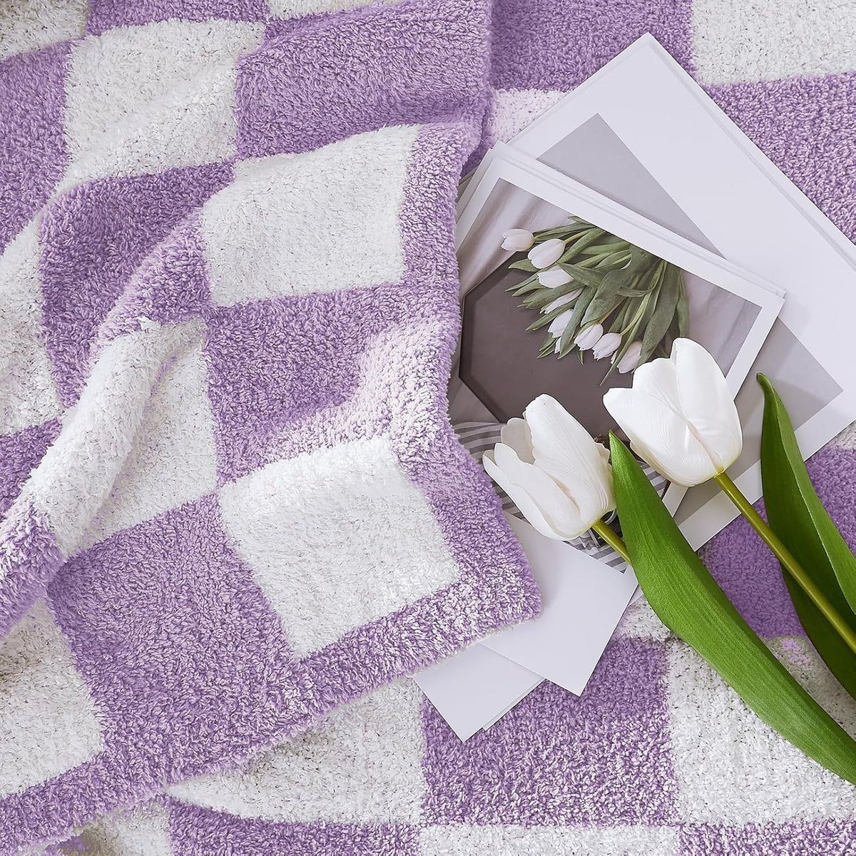 WRENSONGE Checkered Throw Blanket, Purple Soft Cozy Fluffy Warm Hand Made Throw Blankets for Couch