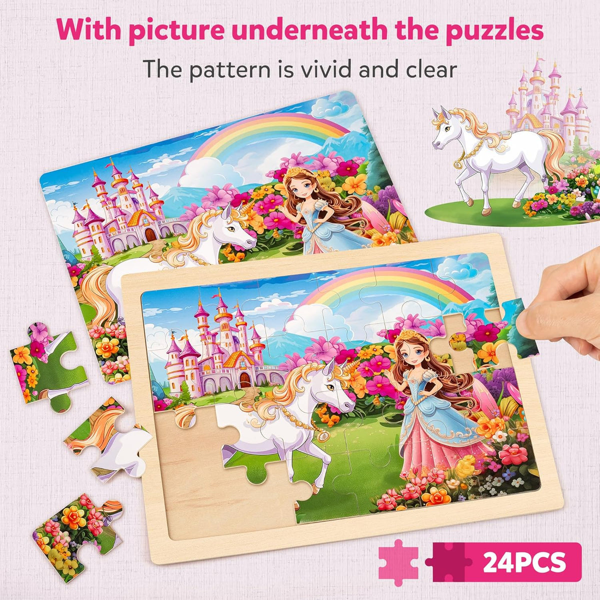 SYNARRY Large Unicorn Princess Fairy Wooden Puzzles for Girls Gift Box(12.2*9.4 in) - FSC