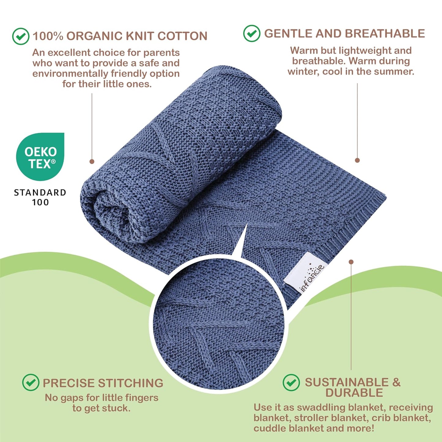 Organic Cotton Baby Blanket - 31.5 x 43.3 Inches, Soft Knitted Crib Blanket for Boys & Girls