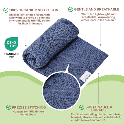 Organic Cotton Baby Blanket - 31.5 x 43.3 Inches, Soft Knitted Crib Blanket for Boys & Girls
