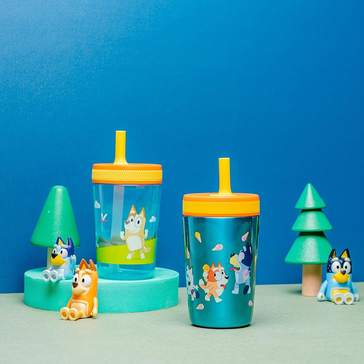 Zak Designs Bluey Kelso Tumbler Set, 15 fl.oz. Leak-Proof Screw-On Lid with Straw, Bundle for Kids