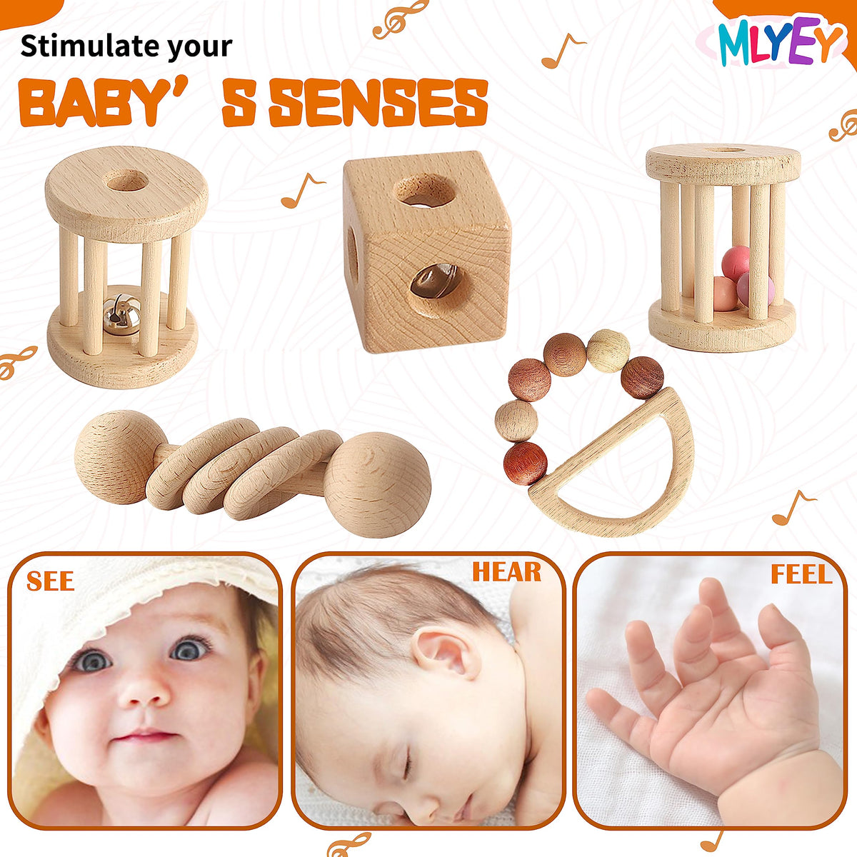 Wooden Baby Toy 8pcs, Montessori Toys for Babies 1-3 Years Old, Wooden Rattles Toy Set for Infant
