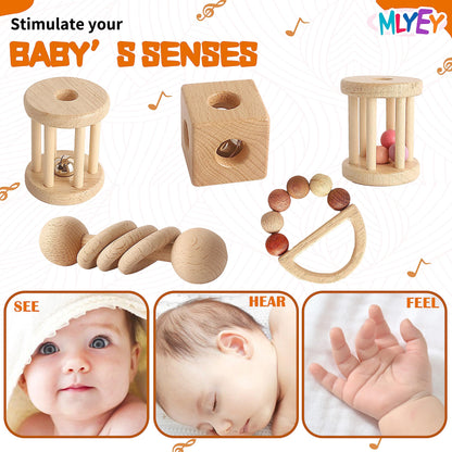 Wooden Baby Toy 8pcs, Montessori Toys for Babies 1-3 Years Old, Wooden Rattles Toy Set for Infant