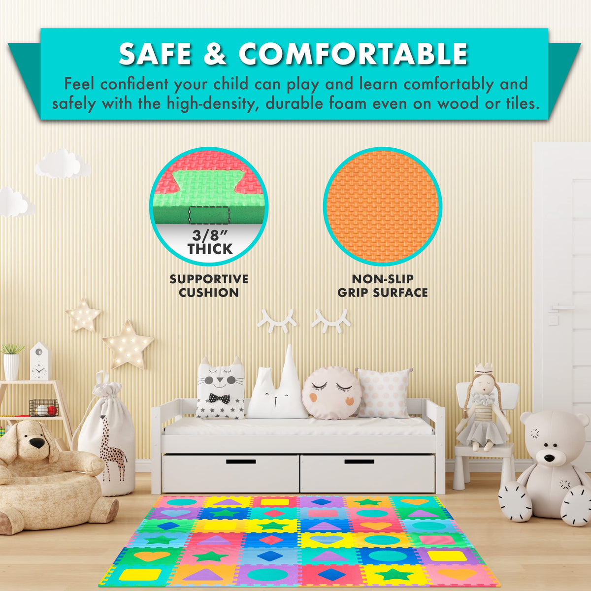 ProSource Kids Foam Puzzle Floor Play Mat with Shapes & Colors 36 Tiles, 12"x12" and 24 Borders