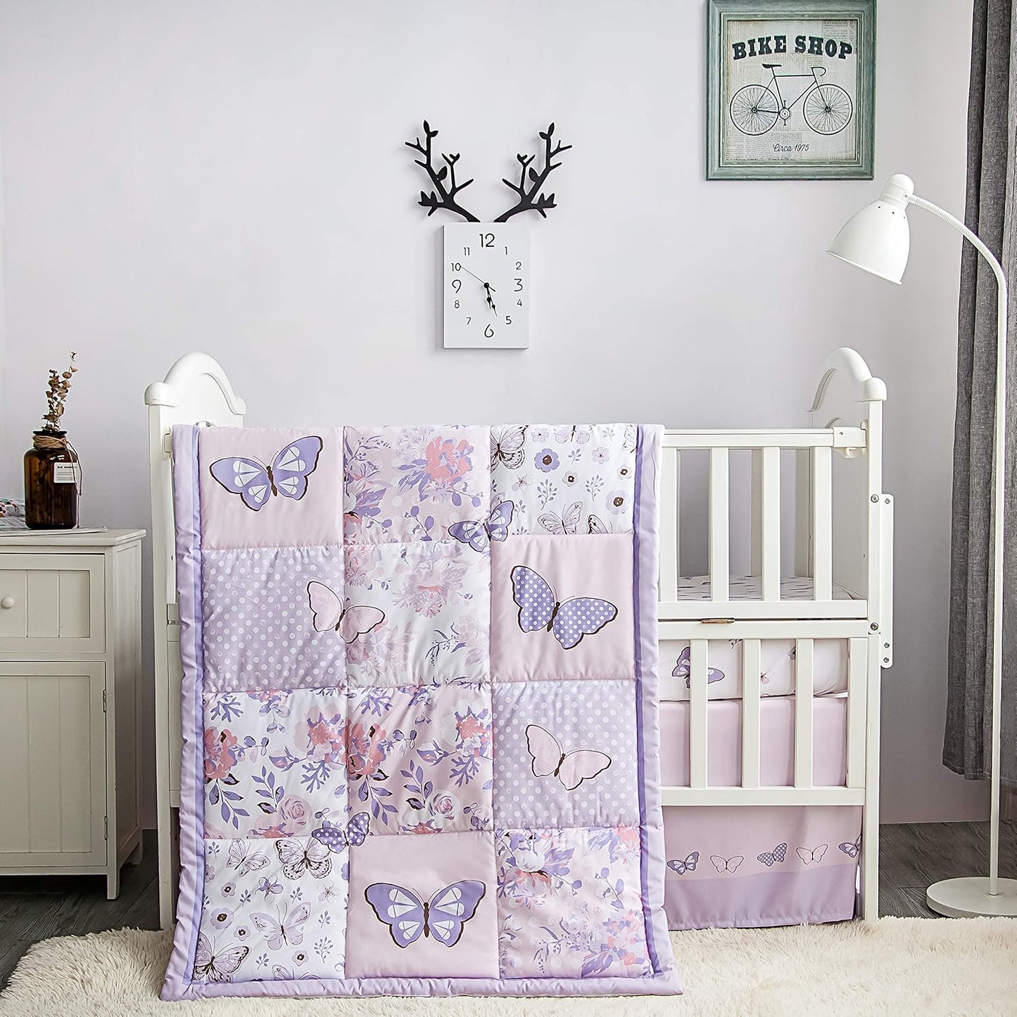 La Premura 3-Piece Purple Butterfly Baby Crib Bedding Set for Girls, Lilac Standard Size Crib Set