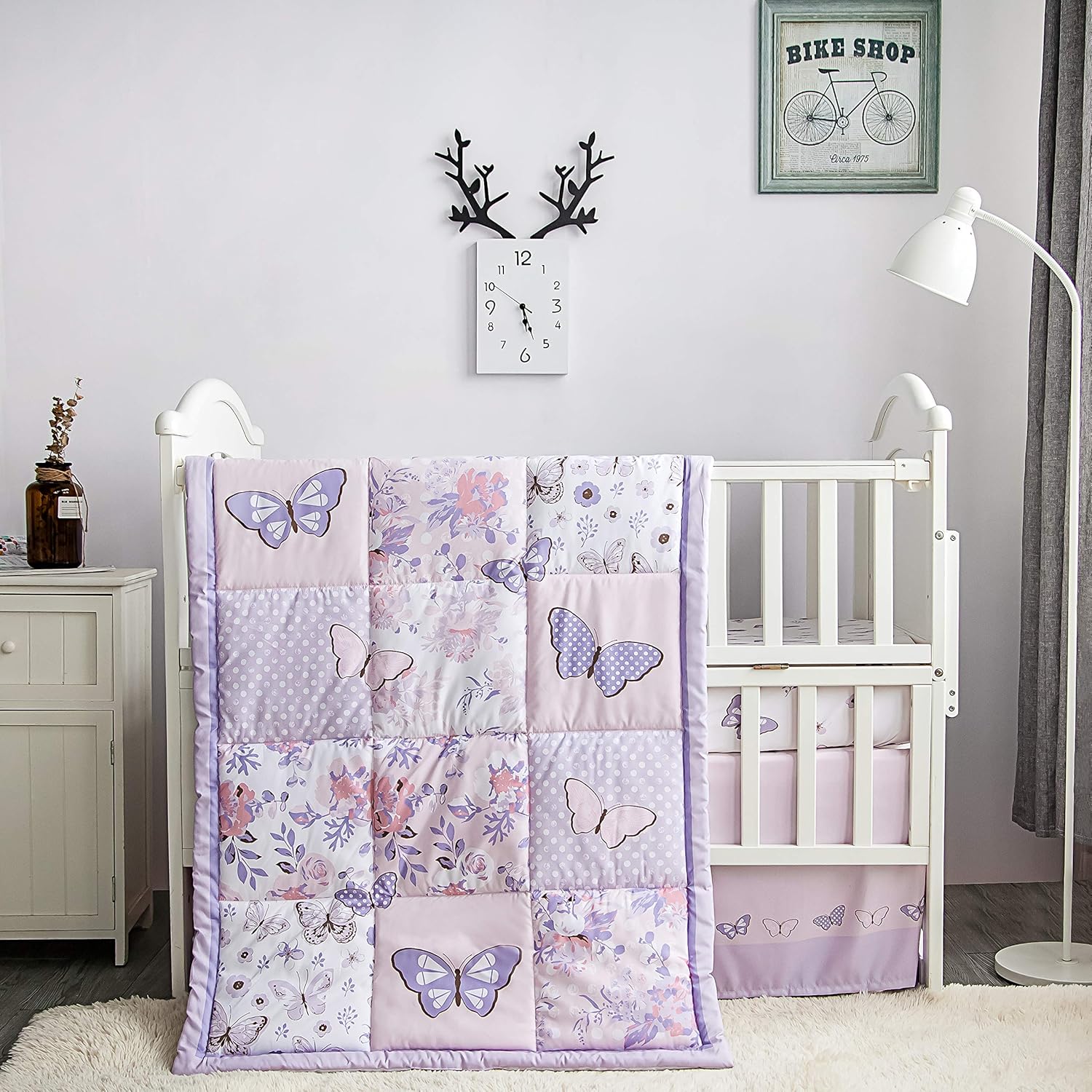 La Premura 3-Piece Purple Butterfly Baby Crib Bedding Set for Girls, Lilac Standard Size Crib Set