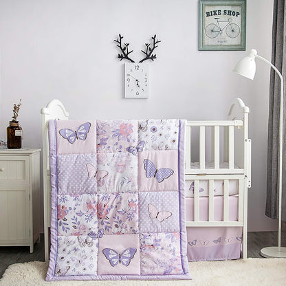 La Premura 3-Piece Purple Butterfly Baby Crib Bedding Set for Girls, Lilac Standard Size Crib Set
