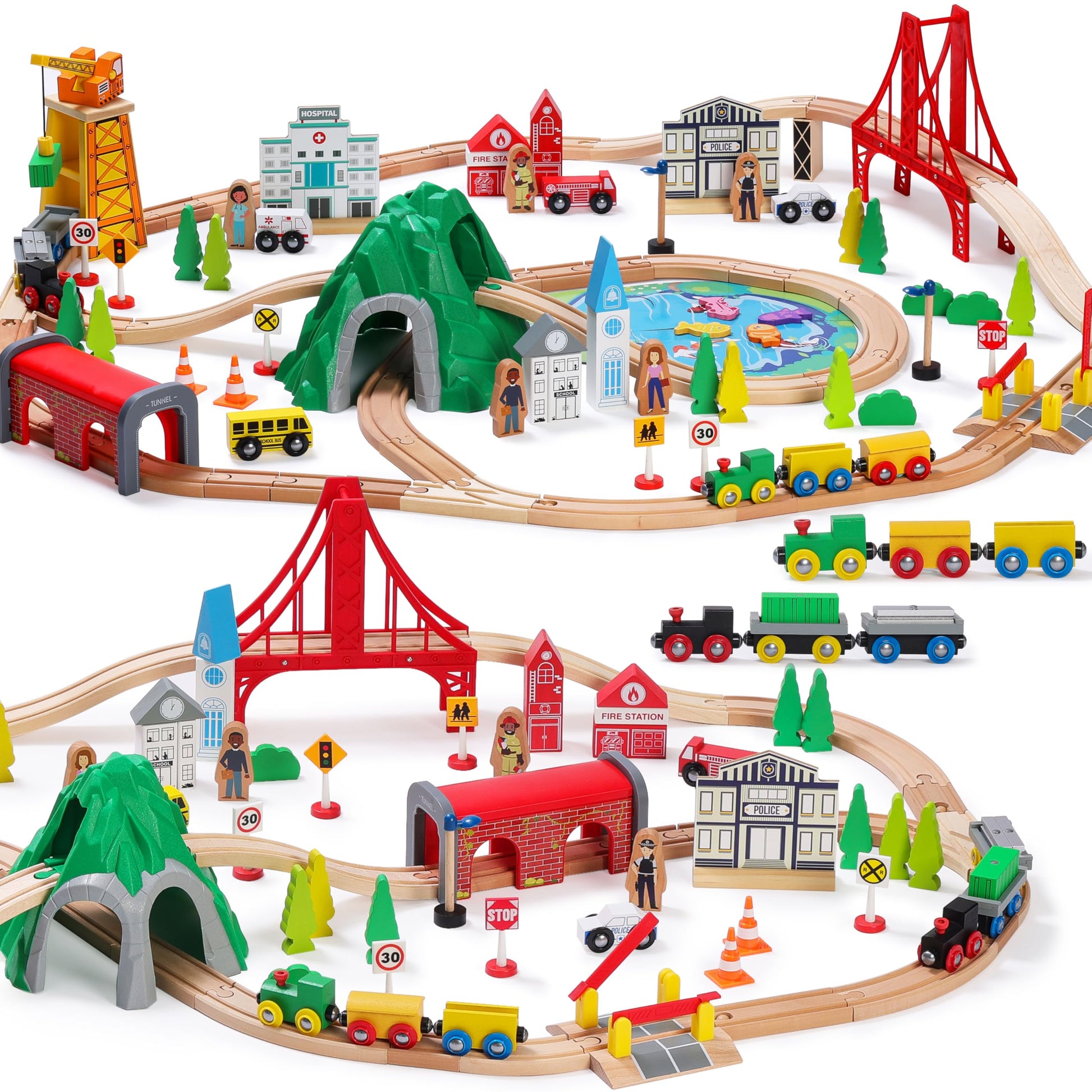 SainSmart Jr. 112-Piece Wooden Train Set for Toddler – Double-Sided Train Tracks, Compatible with