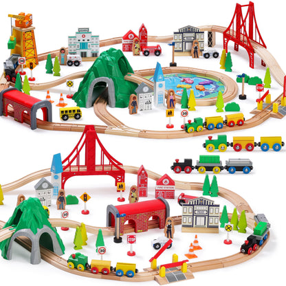 SainSmart Jr. 112-Piece Wooden Train Set for Toddler – Double-Sided Train Tracks, Compatible with