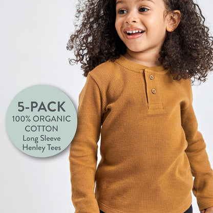 HonestBaby 5-pack Waffle Henley Long Sleeve Shirts 100% Organic Cotton for Infant Baby and Toddler
