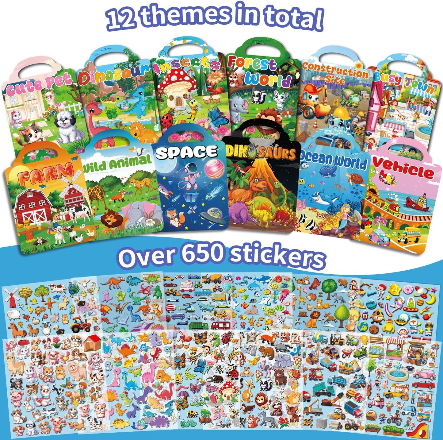 12 Set Reusable Sticker Books for Toddlers 2-4 1-3, Kids 3D Puffy Sticker Activity Books, Birthday
