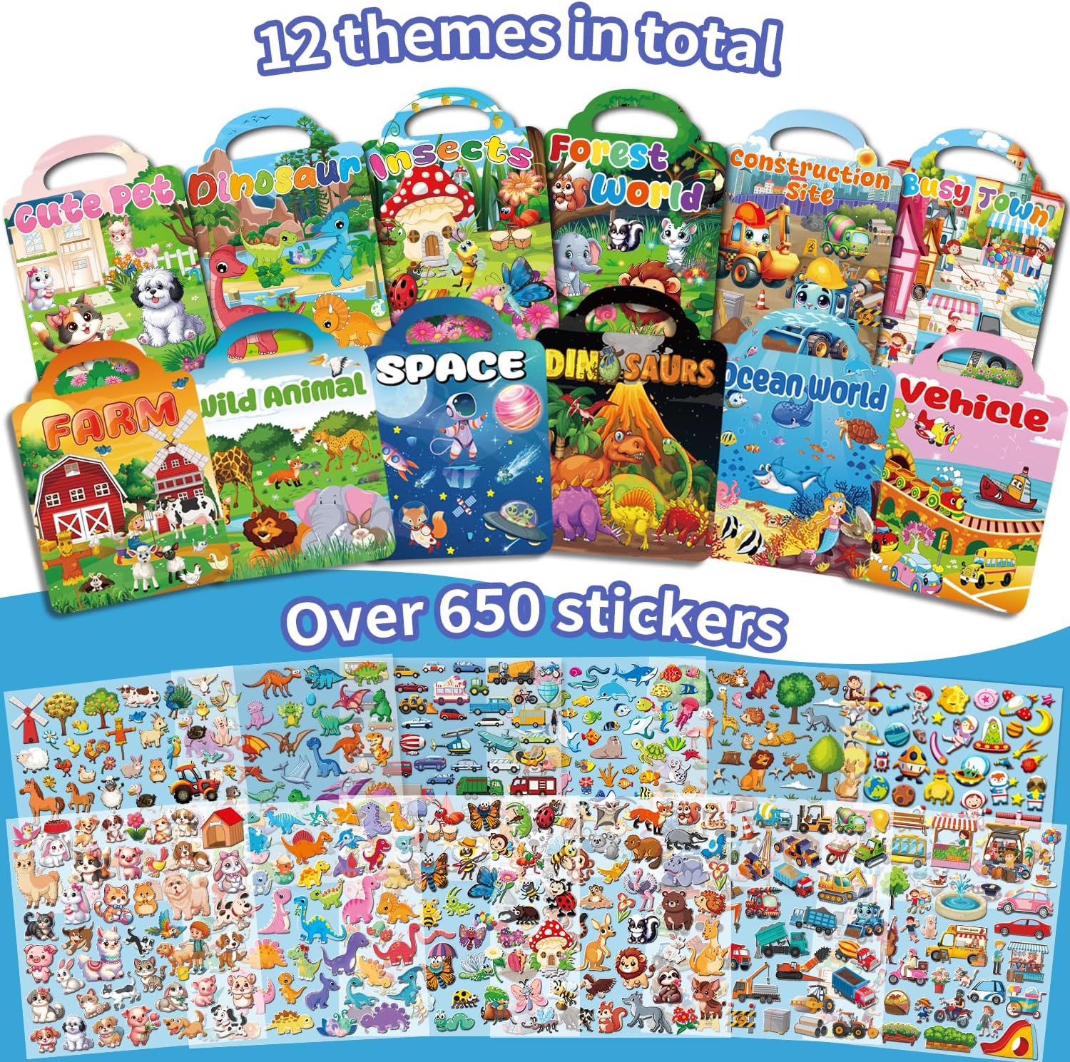12 Set Reusable Sticker Books for Toddlers 2-4 1-3, Kids 3D Puffy Sticker Activity Books, Birthday