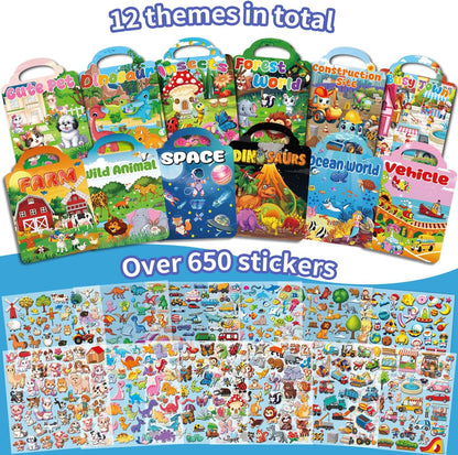12 Set Reusable Sticker Books for Toddlers 2-4 1-3, Kids 3D Puffy Sticker Activity Books, Birthday
