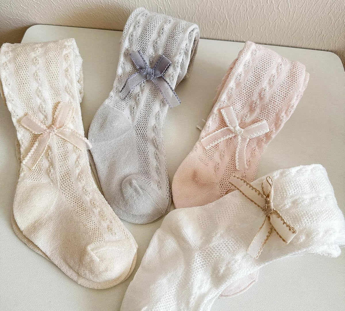 CHUNG Baby Girls Cotton Tights Thin Hollowed Summer with Bowknot Mesh Lace Fashion Toddler Footed
