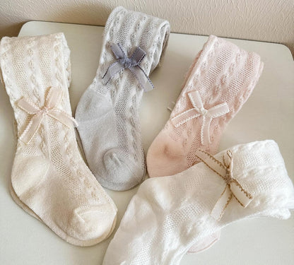 CHUNG Baby Girls Cotton Tights Thin Hollowed Summer with Bowknot Mesh Lace Fashion Toddler Footed