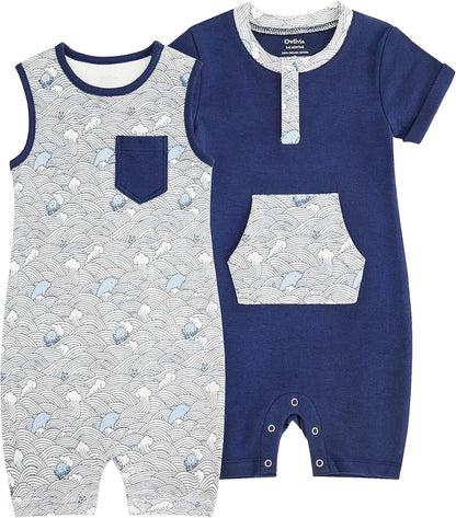 Owlivia Baby Short Sleeve Summer Romper Set, 2 Pack Tank Jumpsuit for Girls and Boys, Cartoon One