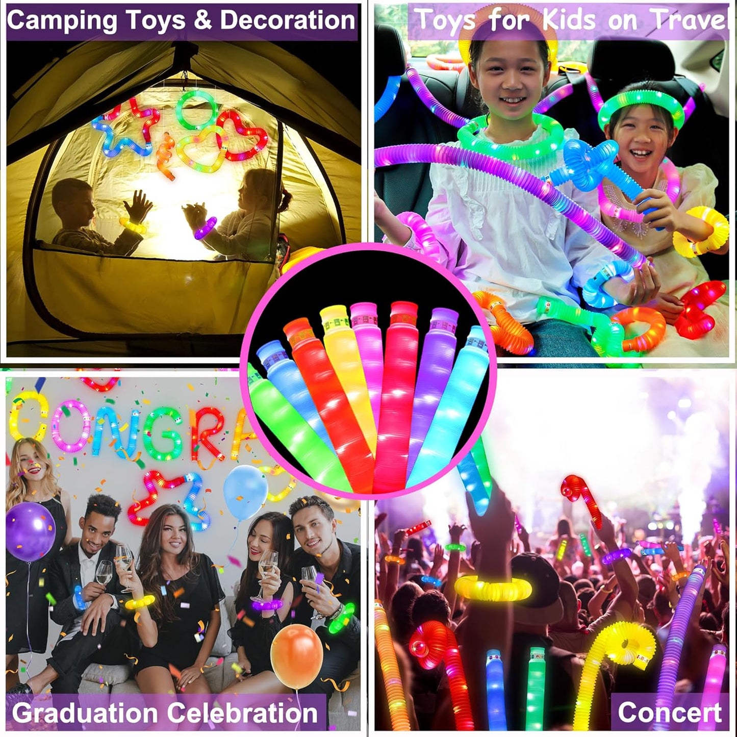 8 PCS Light Up Glow Pop Tubes, Neon Glow Sticks Party Favors for Kids 3-8-12, Fidget Stress Relief