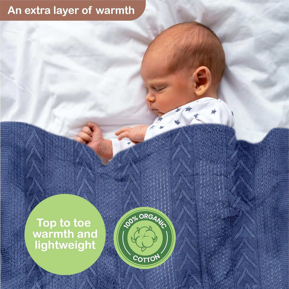Organic Cotton Baby Blanket - 31.5 x 43.3 Inches, Soft Knitted Crib Blanket for Boys & Girls