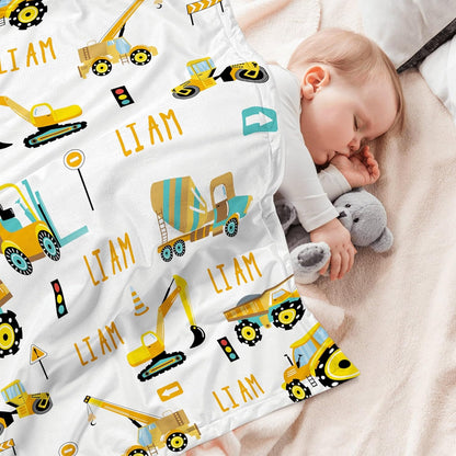 Personalized Truck Excavator Blanket with Name Cutsom Blanket for Baby Boy Car Lover Toddler Kids