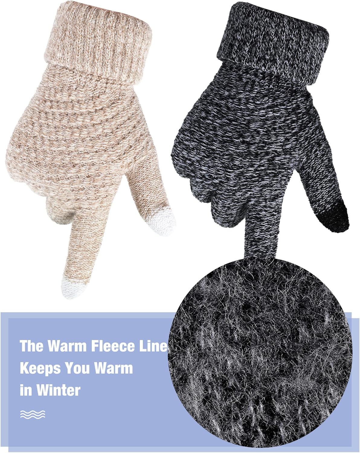 Geyoga 2 Pairs Women's Winter Touch Screen Gloves Soft Warm Fleece Lined Knit Elastic Cuff Winter