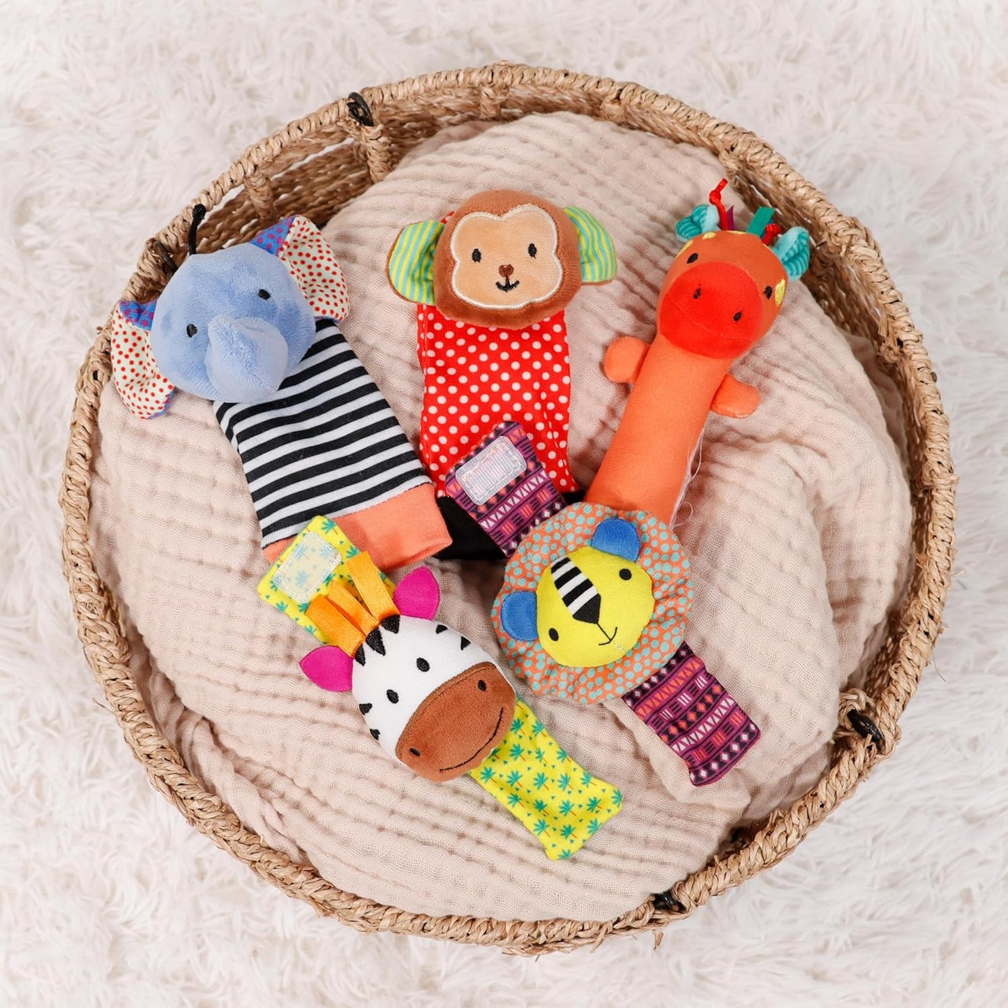 The Peanutshell Sock Rattles Set of 5 - Girl Boy Rattle Socks, Baby Toys 0-6-12 Month, Animal
