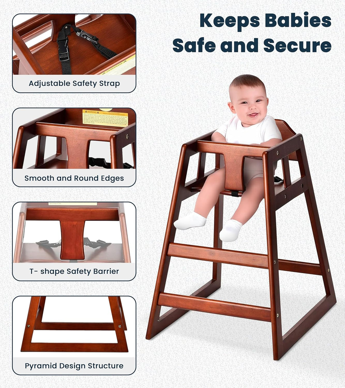 Alpine Wooden High Chairs for Babies and Toddlers with Safety Strap, Commercial Grade Restaurant