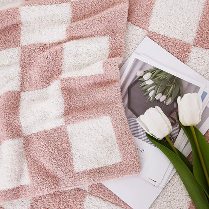 WRENSONGE Checkered Throw Blanket, Pink Soft Cozy Fluffy Warm Hand Made Weave Throw Blankets for