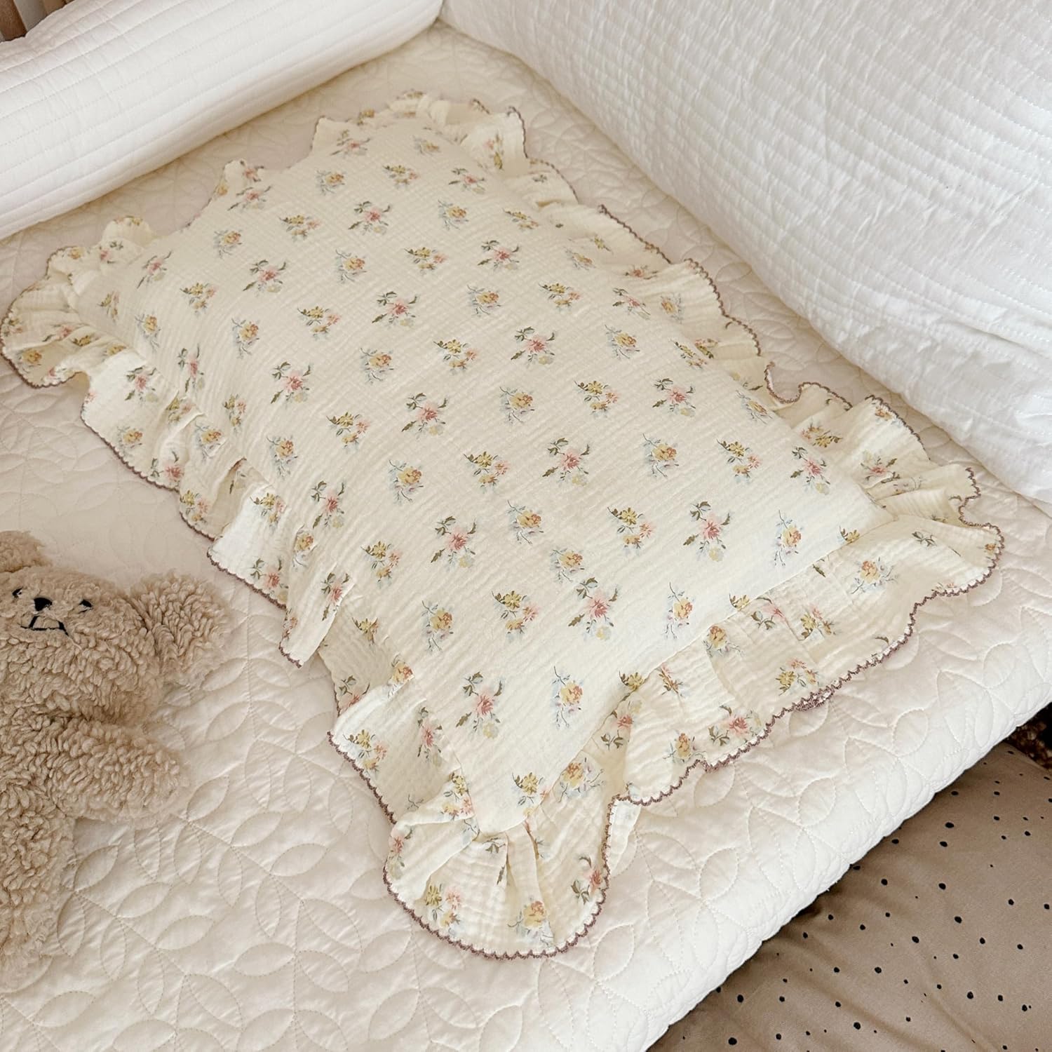 BuLuTu Double Layers Muslin Cotton Pillowcase King Size Vintage Floral Print Pillow Case Teens