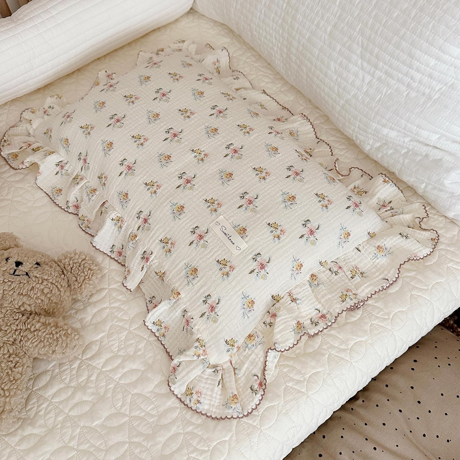 BuLuTu Cotton Muslin Kids Toddler Pillowcase with Cute Azalea Flowers Pattern Super Soft Crib
