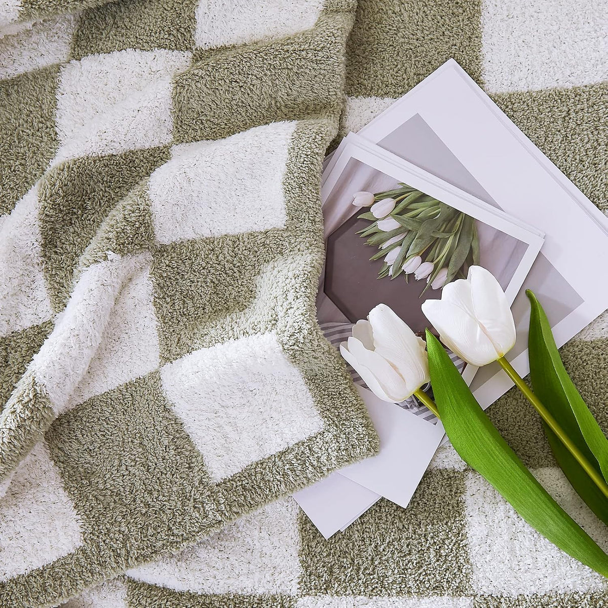WRENSONGE Checkered Throw Blanket, Sage Green Soft Cozy Fluffy Hand Made Throw Blankets for Couch