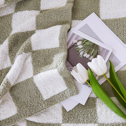 WRENSONGE Checkered Throw Blanket, Sage Green Soft Cozy Fluffy Hand Made Throw Blankets for Couch