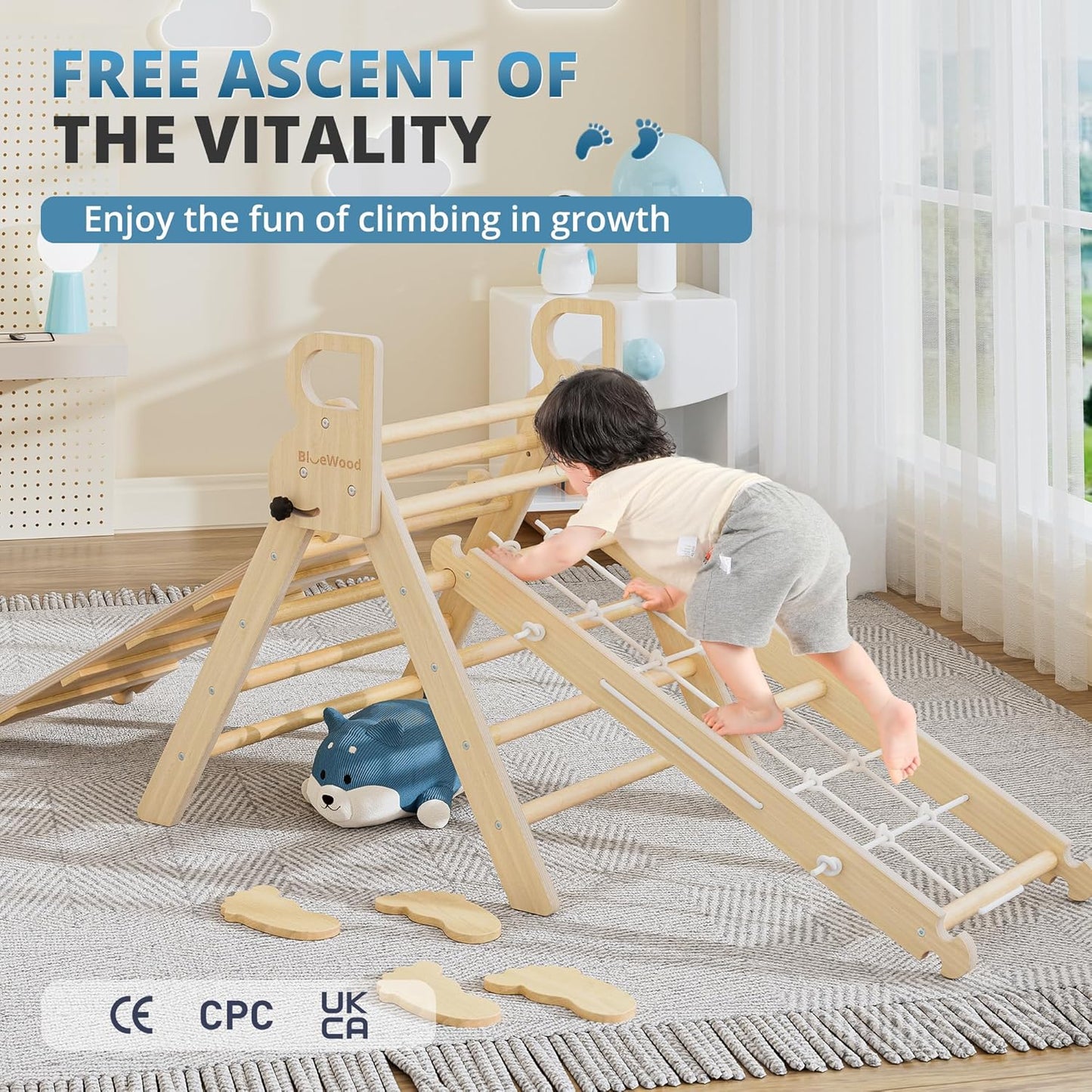 BlueWood 10-in-1 Pikler Triangle Set, Toddler Climbing Toys Indoor, Montessori Climber, Baby Jungle