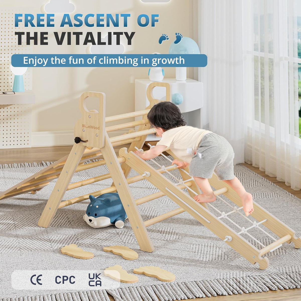 BlueWood 10-in-1 Pikler Triangle Set, Toddler Climbing Toys Indoor, Montessori Climber, Baby Jungle