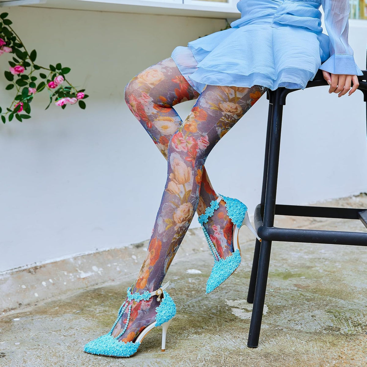 Sahabowi Women's Sheer Fashion Digital Print Fashions Stockings Metallic Silver Tights 1