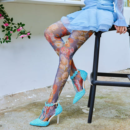 Sahabowi Women's Sheer Fashion Digital Print Fashions Stockings Metallic Silver Tights 1